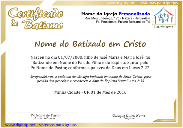 Certificado de Batismo nas águas