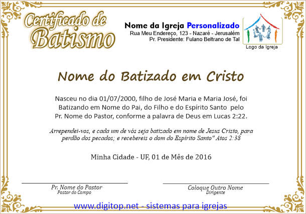 Certificado de Batismo nas águas