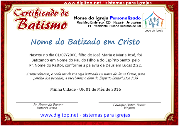 Certificado de Batismo nas águas