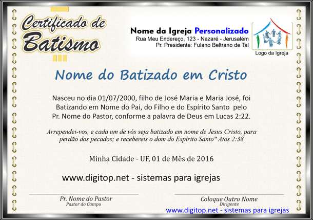 Certificado de Batismo nas águas