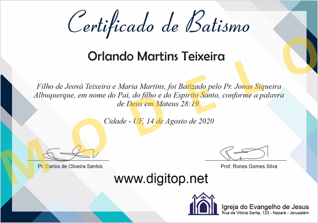 Certificado de Batismo nas águas