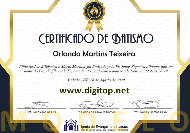 Certificado de Batismo nas águas